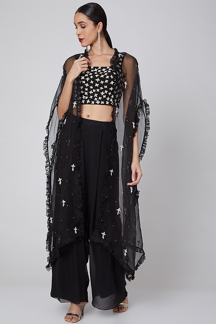 Black Hand Embroidered Pleated Pant Set by Seema Thukral