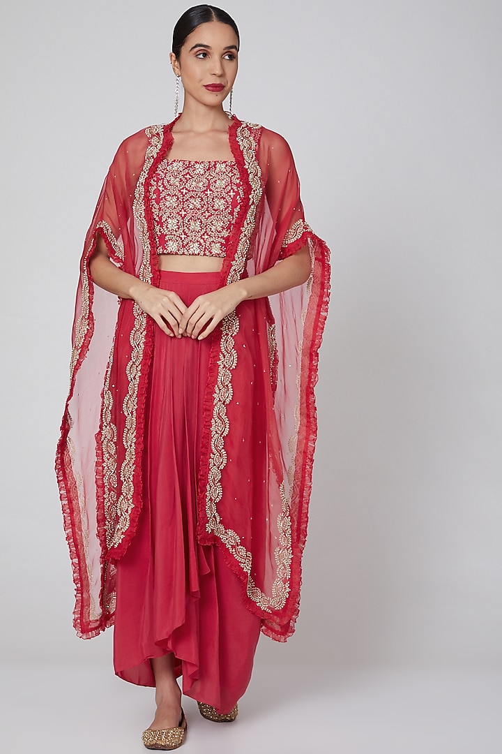 Red Hand Embroidered Draped Skirt Set by Seema Thukral