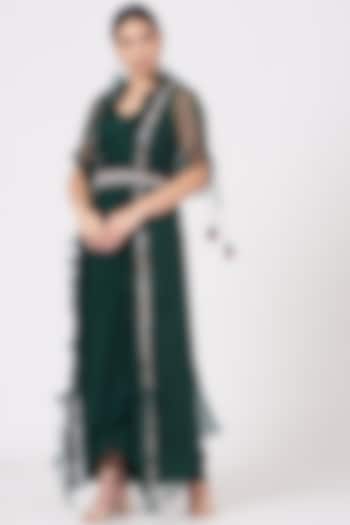 Emerald Green Pleated Cocktail Dress With Embroidered Cape Jacket by Seema Thukral at Pernia's Pop Up Shop