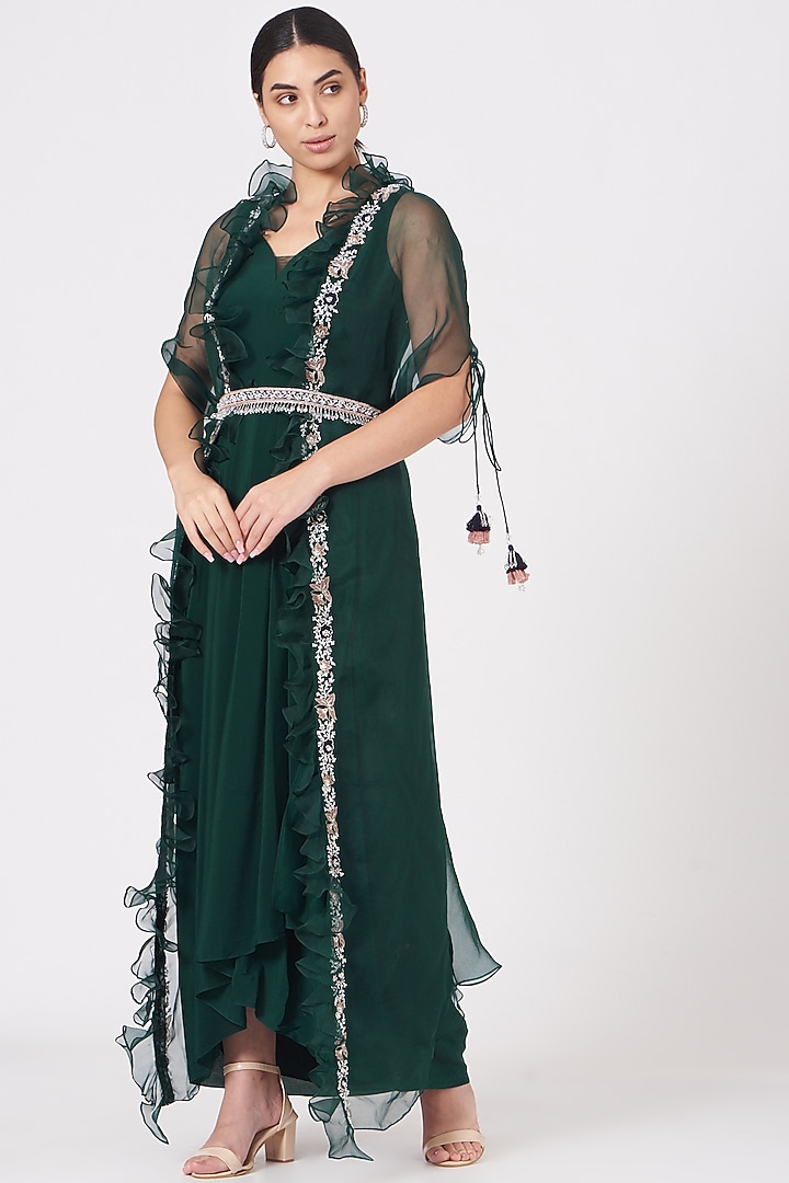 Emerald Green Pleated Cocktail Dress With Embroidered Cape Jacket by Seema Thukral at Pernia's Pop Up Shop