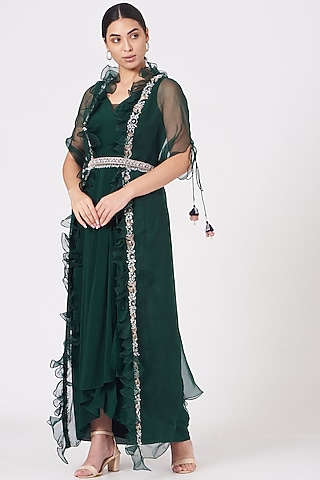 Emerald Green Pleated Dress With Embroidered Cape Jacket by Seema Thukral