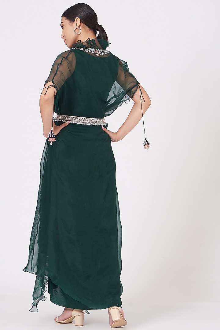 Emerald Green Pleated Cocktail Dress With Embroidered Cape Jacket by Seema Thukral at Pernia's Pop Up Shop