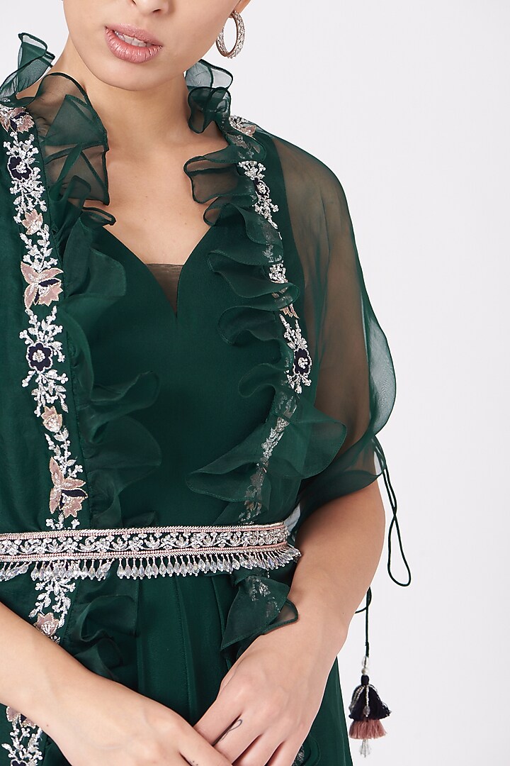 Emerald Green Pleated Cocktail Dress With Embroidered Cape Jacket by Seema Thukral at Pernia's Pop Up Shop
