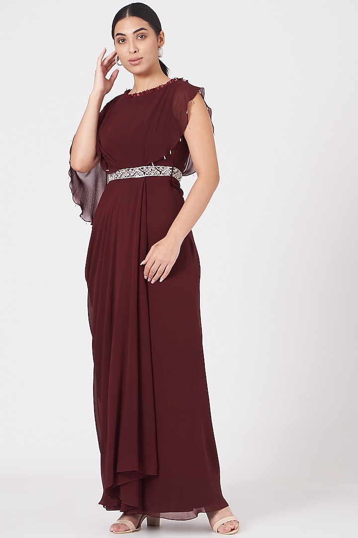 Maroon Draped Dress WIth Embroidered Belt by Seema Thukral