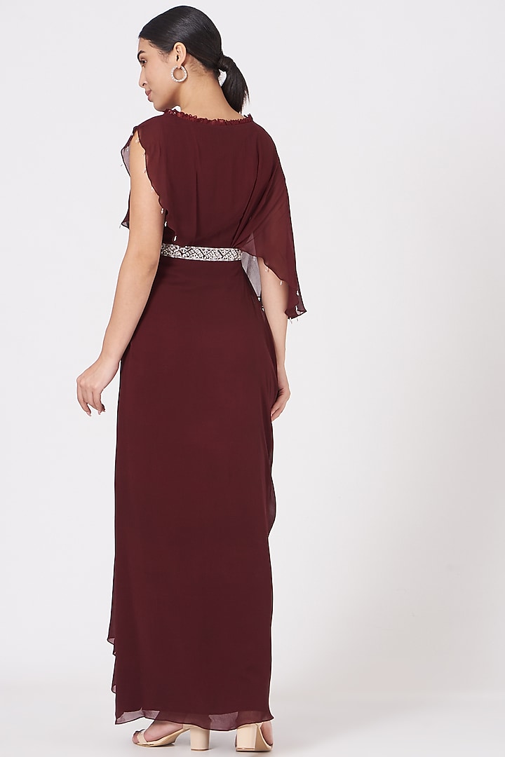 Buy Plus Size Maroon Insta Saree Dress With Embroidered Belt