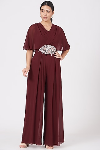 Maroon Embroidered Draped Jumpsuit by Seema Thukral