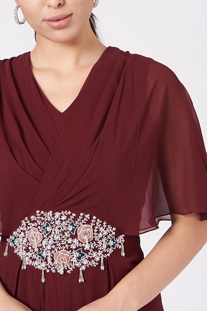 Maroon Embroidered Draped Jumpsuit by Seema Thukral at Pernia's Pop Up Shop