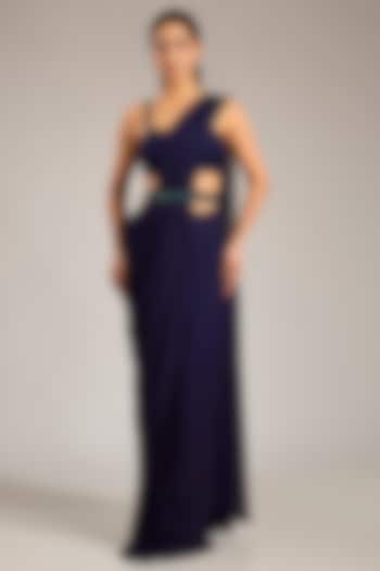 Midnight Blue Georgette Embellished Pre-Stitched Party Wear Saree Set by Seema Thukral at Pernia's Pop Up Shop