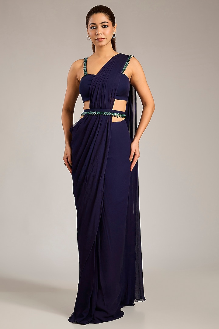 Midnight Blue Georgette Embellished Pre-Stitched Party Wear Saree Set by Seema Thukral at Pernia's Pop Up Shop