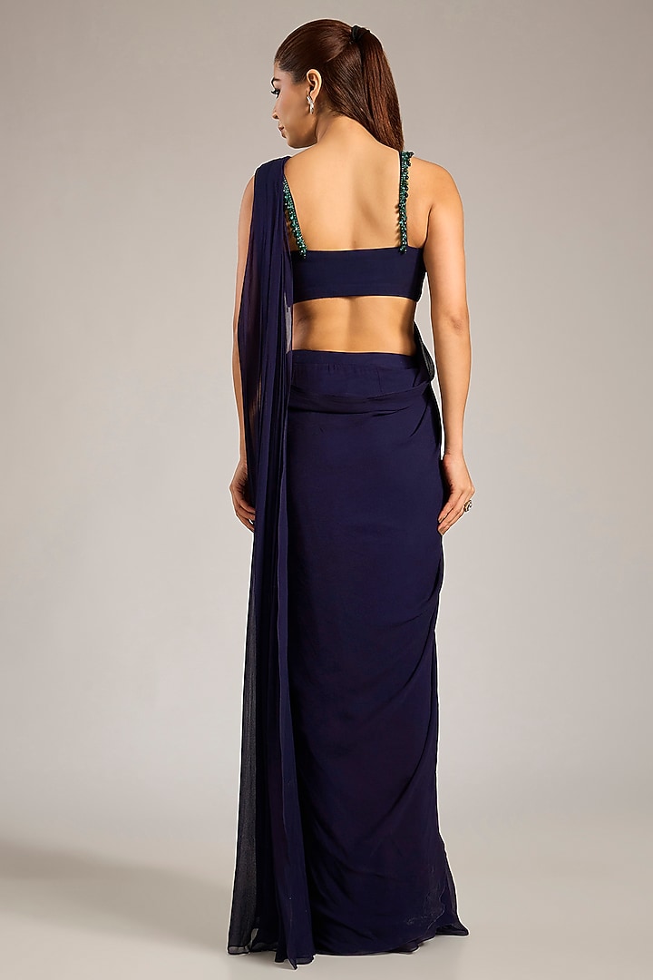 Midnight Blue Georgette Embellished Pre-Stitched Party Wear Saree Set by Seema Thukral at Pernia's Pop Up Shop