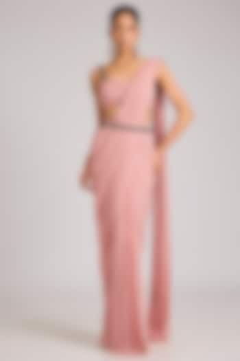 Dusty Pink Georgette Embellished Pre-Stitched Party Wear Saree Set by Seema Thukral at Pernia's Pop Up Shop