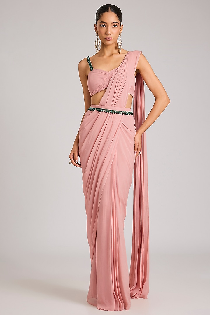 Dusty Pink Georgette Embellished Pre-Stitched Party Wear Saree Set by Seema Thukral at Pernia's Pop Up Shop