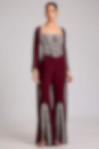 Maroon Organza Embellished Cape Set by Seema Thukral at Pernia's Pop Up Shop