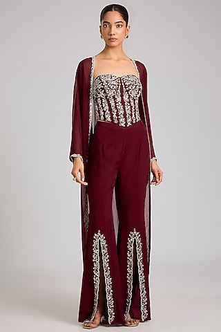 Maroon Organza Embellished Cape Set by Seema Thukral