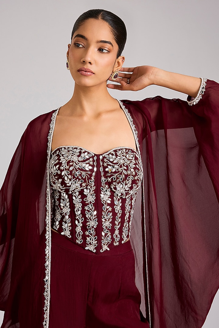 Maroon Organza Embellished Cape Set by Seema Thukral at Pernia's Pop Up Shop
