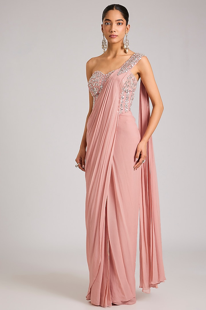 Dusty Pink Organza Embellished Pre-Stitched Wedding Saree Set by Seema Thukral at Pernia's Pop Up Shop