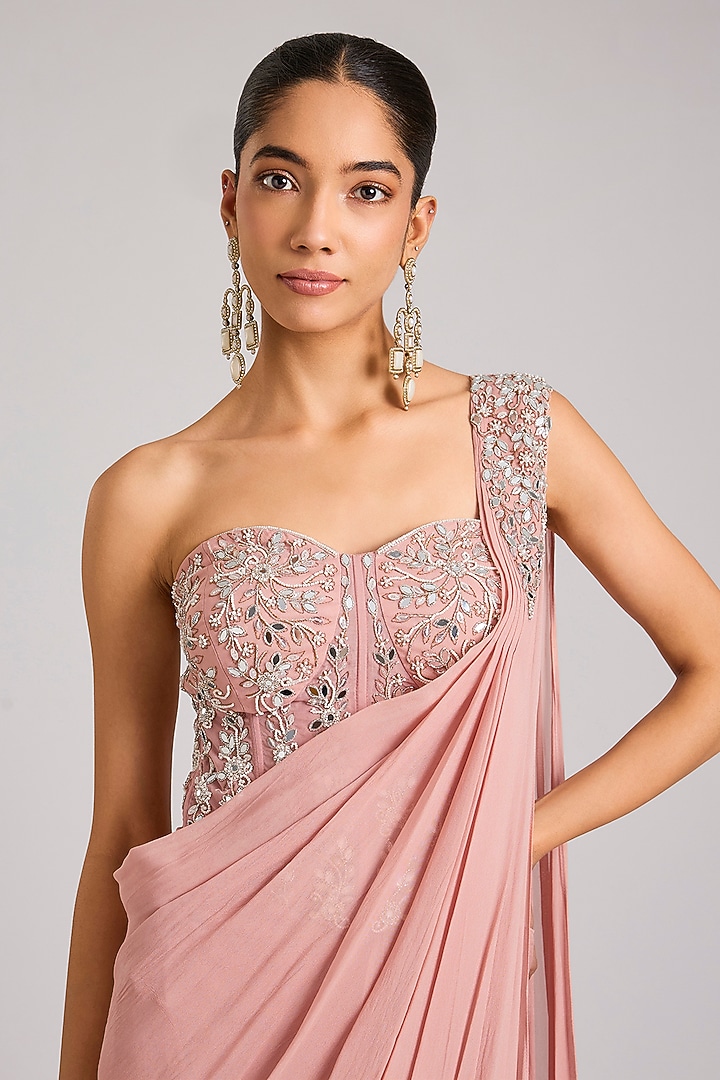 Dusty Pink Organza Embellished Pre-Stitched Wedding Saree Set by Seema Thukral at Pernia's Pop Up Shop