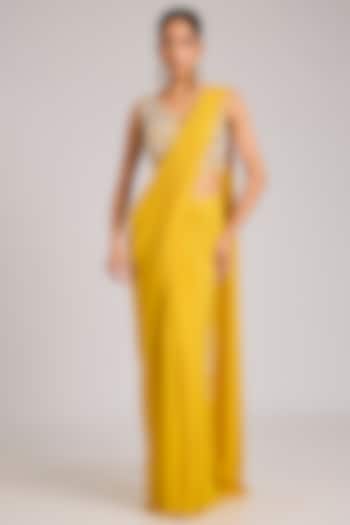 Mango Yellow Georgette Embellished Pre-Stitched Wedding Saree Set by Seema Thukral at Pernia's Pop Up Shop