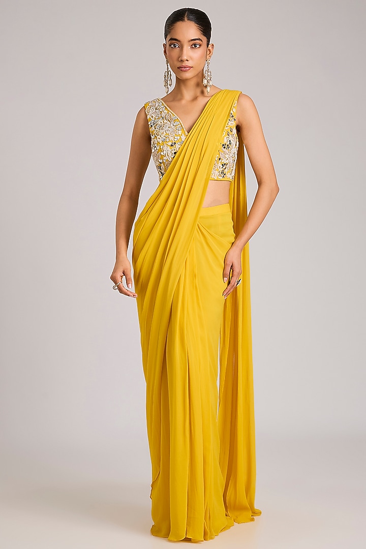 Mango Yellow Georgette Embellished Pre-Stitched Wedding Saree Set by Seema Thukral at Pernia's Pop Up Shop