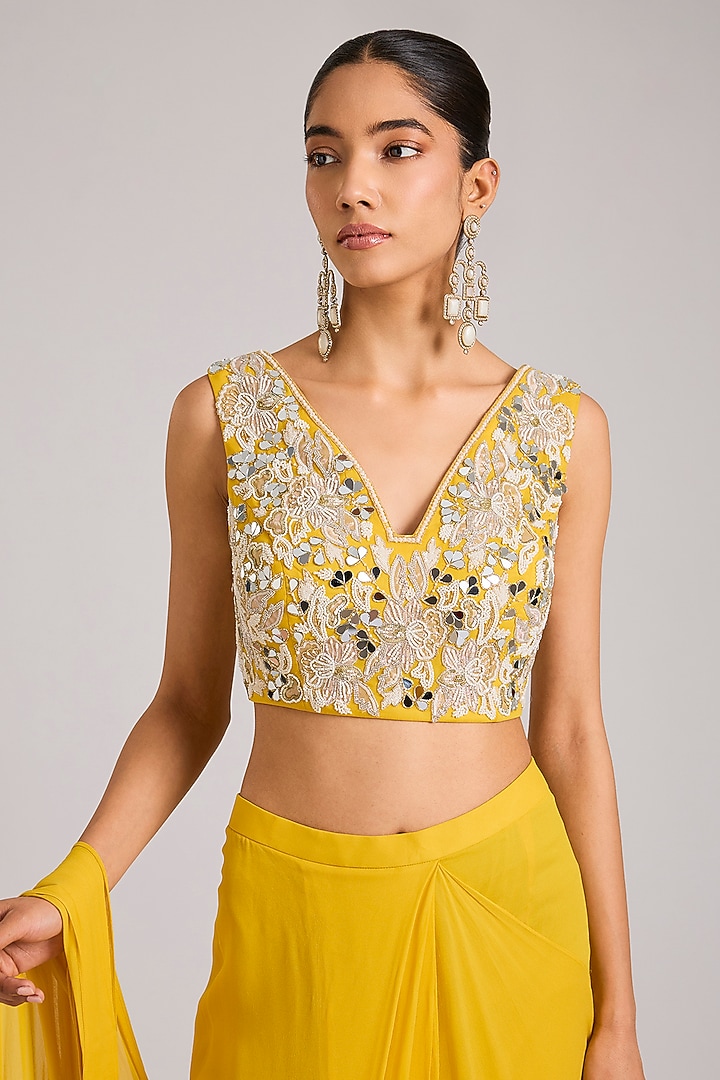 Mango Yellow Georgette Embellished Pre-Stitched Wedding Saree Set by Seema Thukral at Pernia's Pop Up Shop