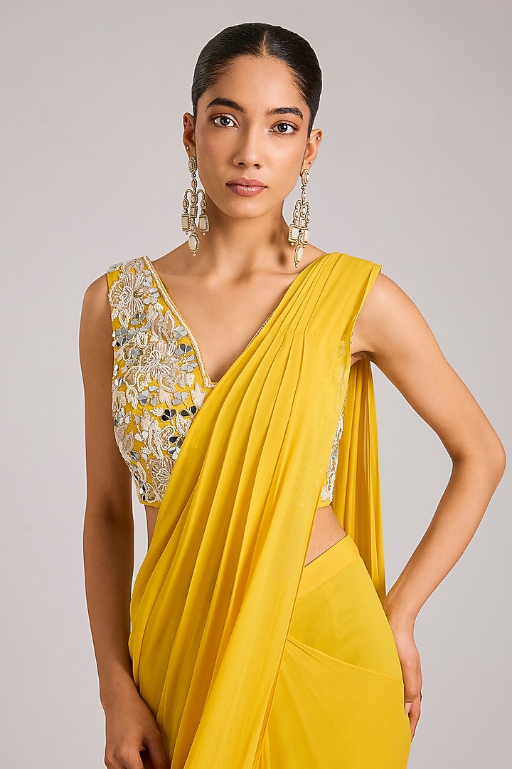 Mango Yellow Georgette Embellished Pre-Stitched Wedding Saree Set by Seema Thukral at Pernia's Pop Up Shop