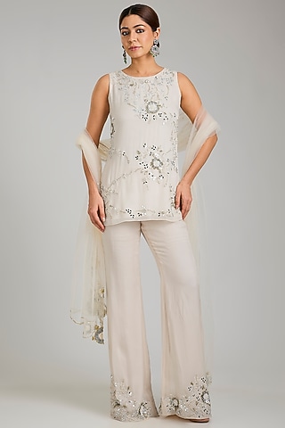 Ivory Georgette Hand Embroidered Kurta Set by Seema Thukral