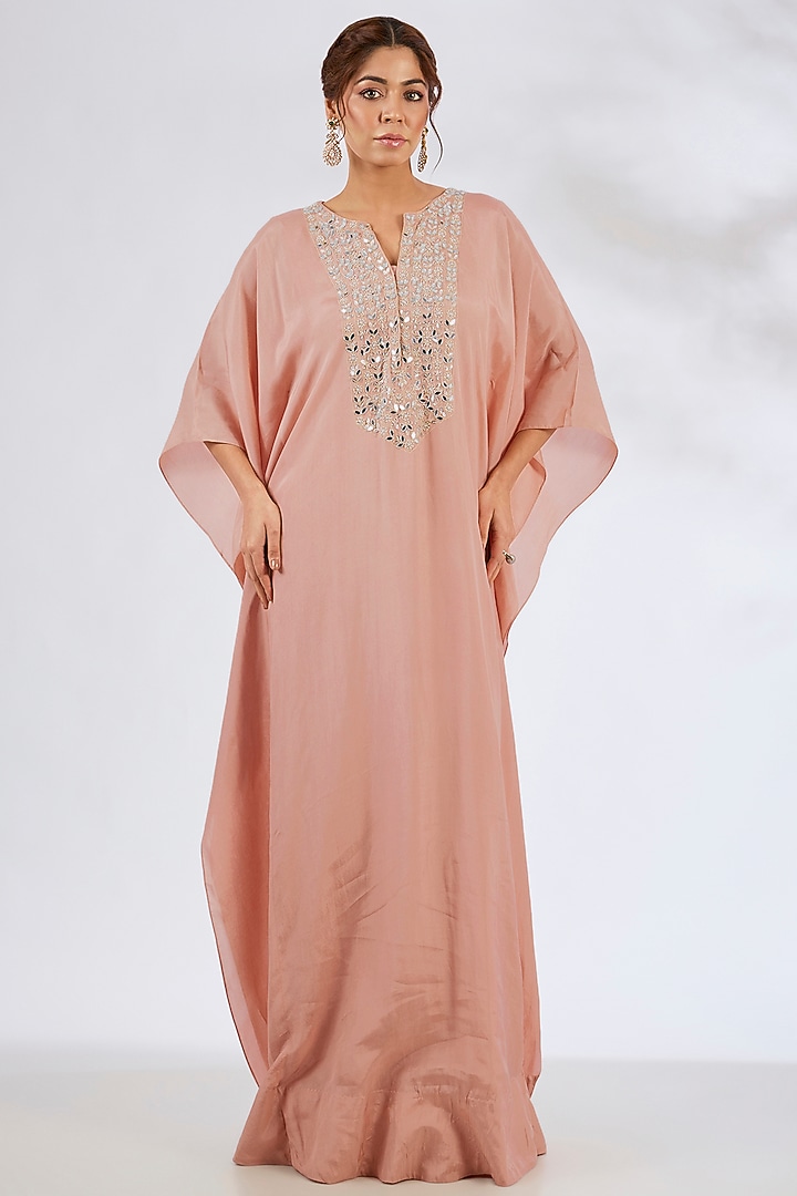 Dusty Pink Habutai Silk Embellished Kaftan by Seema Thukral at Pernia's Pop Up Shop