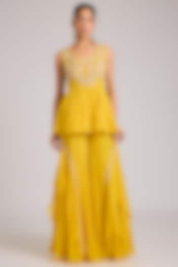 Mango Yellow Organza Embellished Wedding Sharara Set by Seema Thukral at Pernia's Pop Up Shop