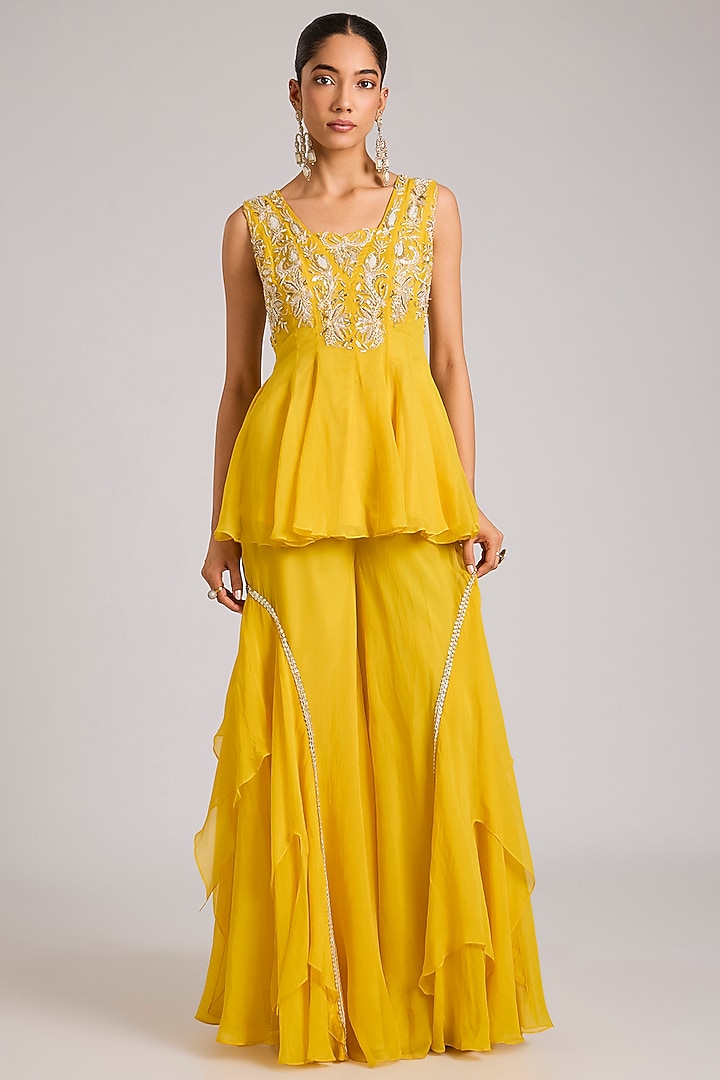 Mango Yellow Organza Embellished Wedding Sharara Set by Seema Thukral at Pernia's Pop Up Shop