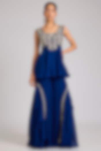 Electric Blue Organza Embellished Wedding Sharara Set by Seema Thukral at Pernia's Pop Up Shop