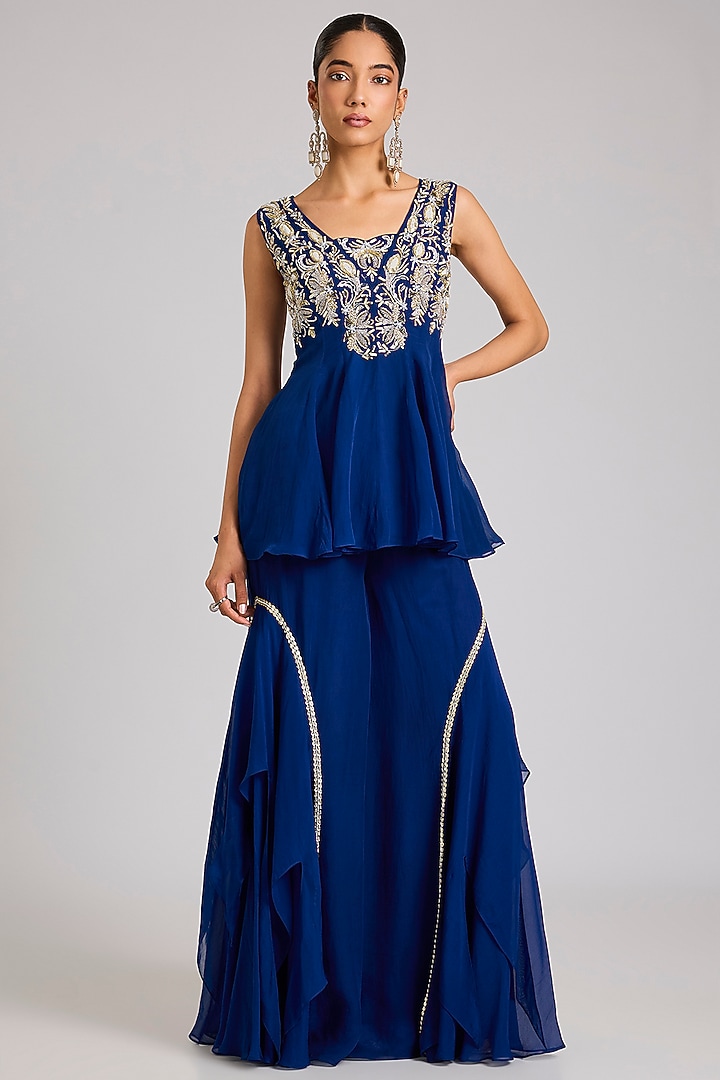 Electric Blue Organza Embellished Wedding Sharara Set by Seema Thukral at Pernia's Pop Up Shop