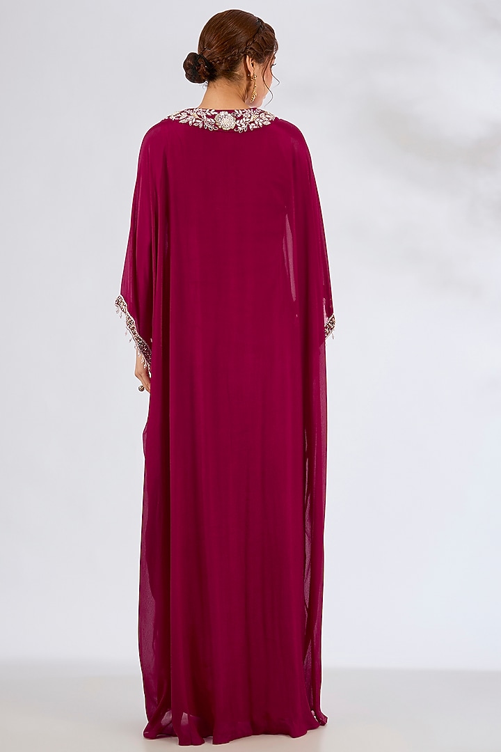 Berry Pink Chiffon Embellished Kaftan by Seema Thukral at Pernia's Pop Up Shop