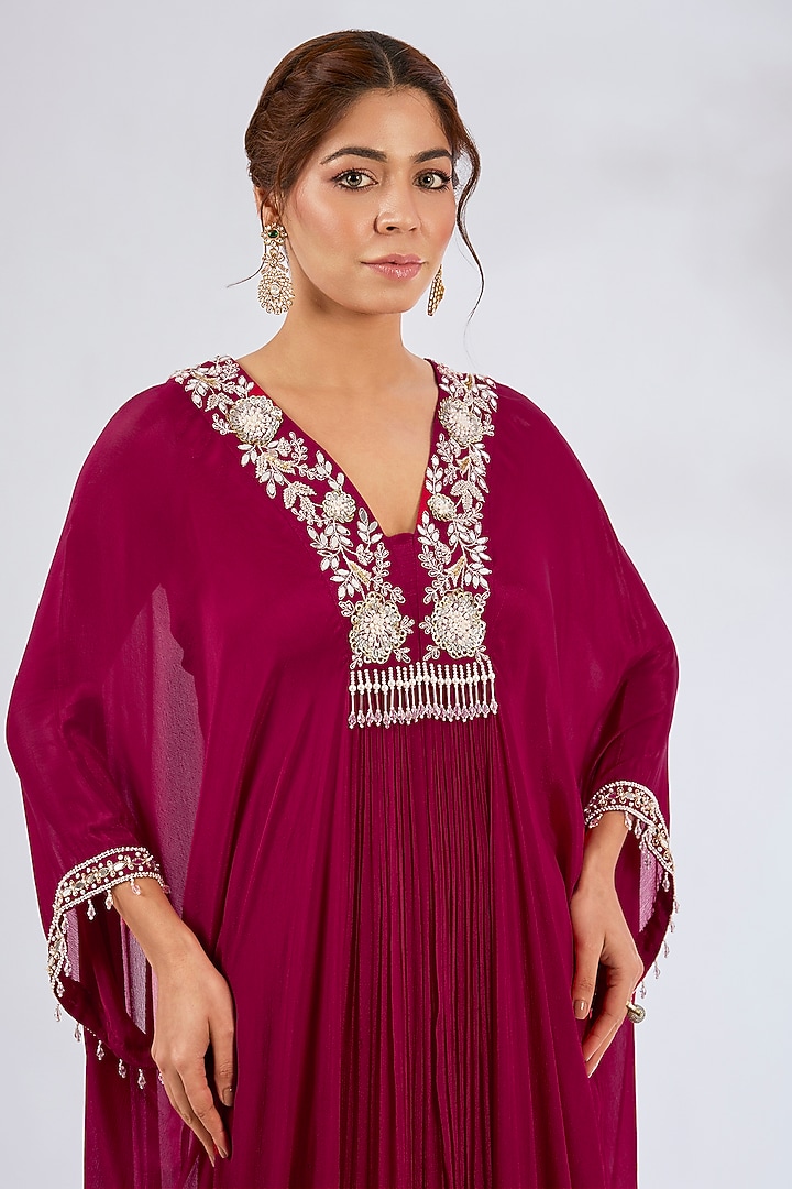 Berry Pink Chiffon Embellished Kaftan by Seema Thukral at Pernia's Pop Up Shop