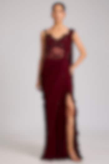 Maroon Georgette & Net Embellished Engagement Gown by Seema Thukral at Pernia's Pop Up Shop