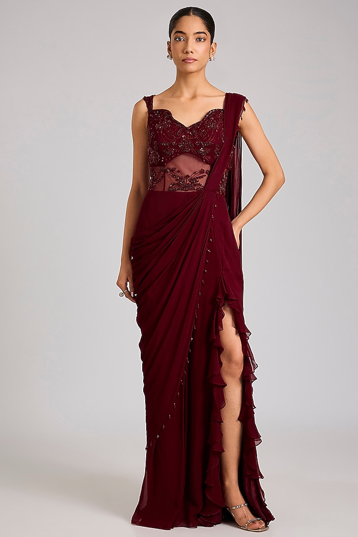 Maroon Georgette & Net Embellished Engagement Gown by Seema Thukral at Pernia's Pop Up Shop
