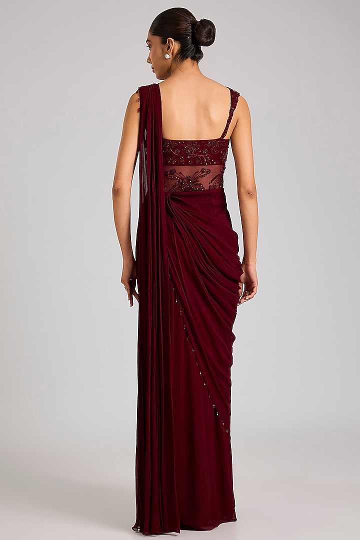 Maroon Georgette & Net Embellished Engagement Gown by Seema Thukral at Pernia's Pop Up Shop