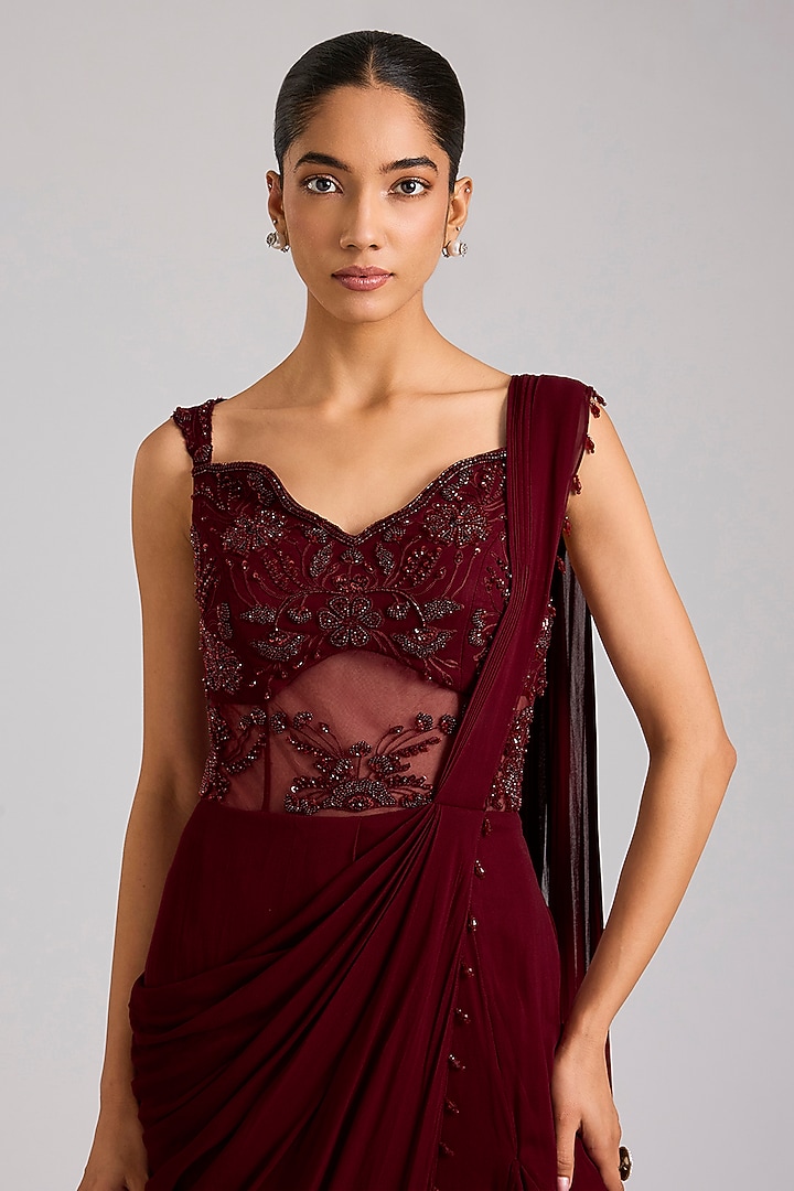 Maroon Georgette & Net Embellished Engagement Gown by Seema Thukral at Pernia's Pop Up Shop