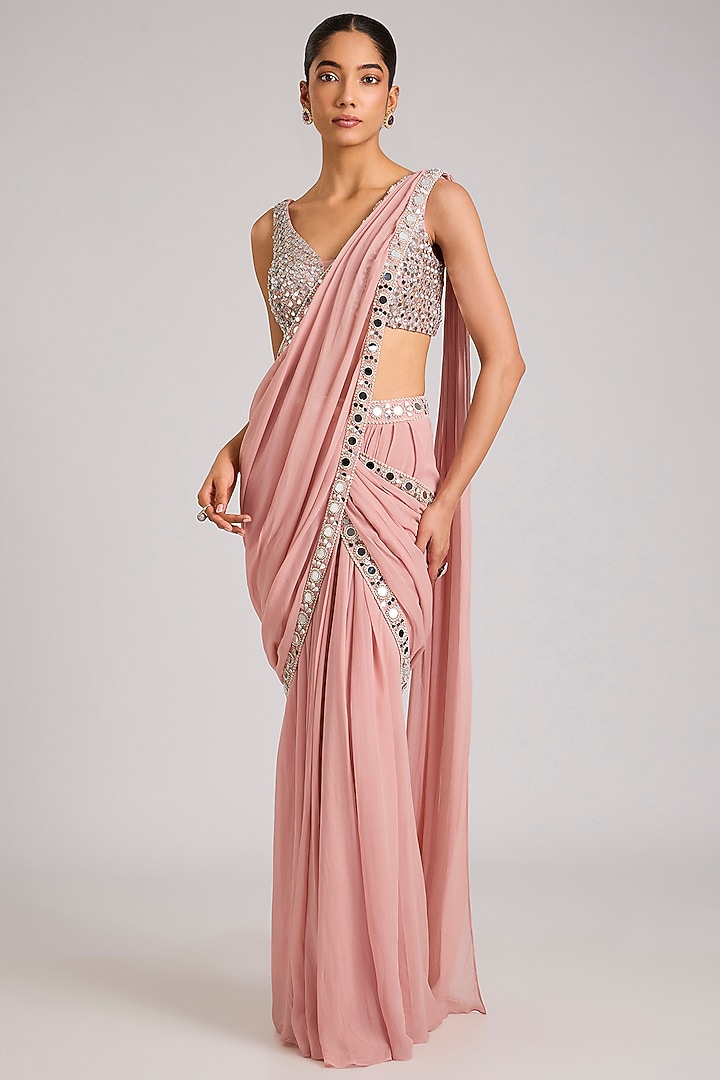 Dusty Pink Georgette Embellished Pre-Stitched Wedding Saree Set by Seema Thukral at Pernia's Pop Up Shop