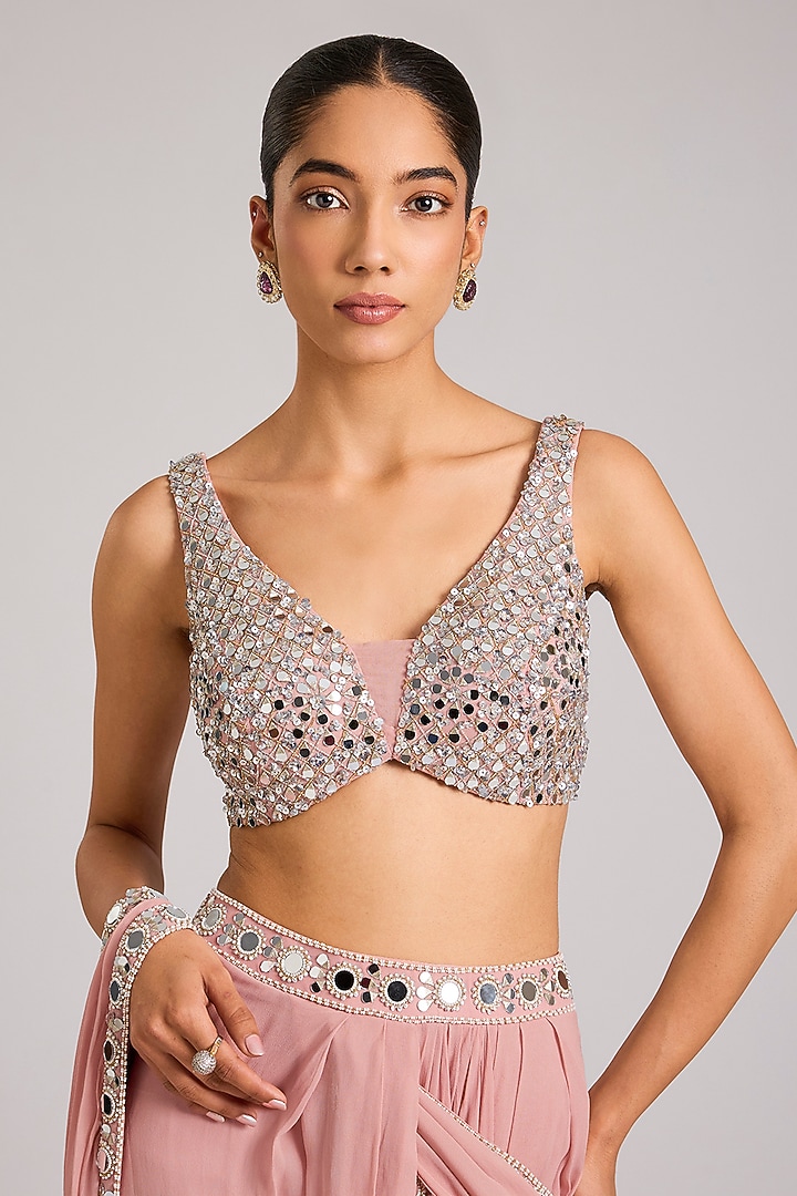 Dusty Pink Georgette Embellished Pre-Stitched Wedding Saree Set by Seema Thukral at Pernia's Pop Up Shop