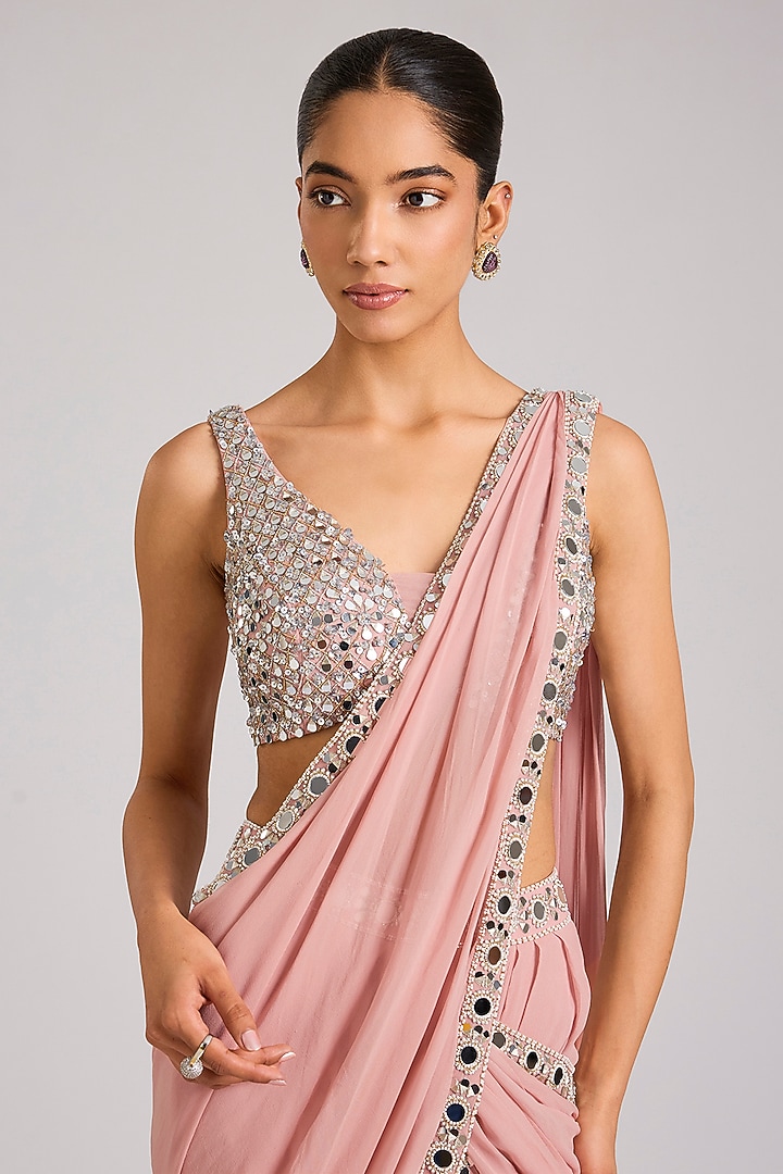 Dusty Pink Georgette Embellished Pre-Stitched Wedding Saree Set by Seema Thukral at Pernia's Pop Up Shop
