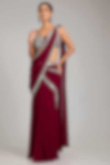 Berry Pink Georgette Embellished Draped Wedding Saree Set by Seema Thukral at Pernia's Pop Up Shop