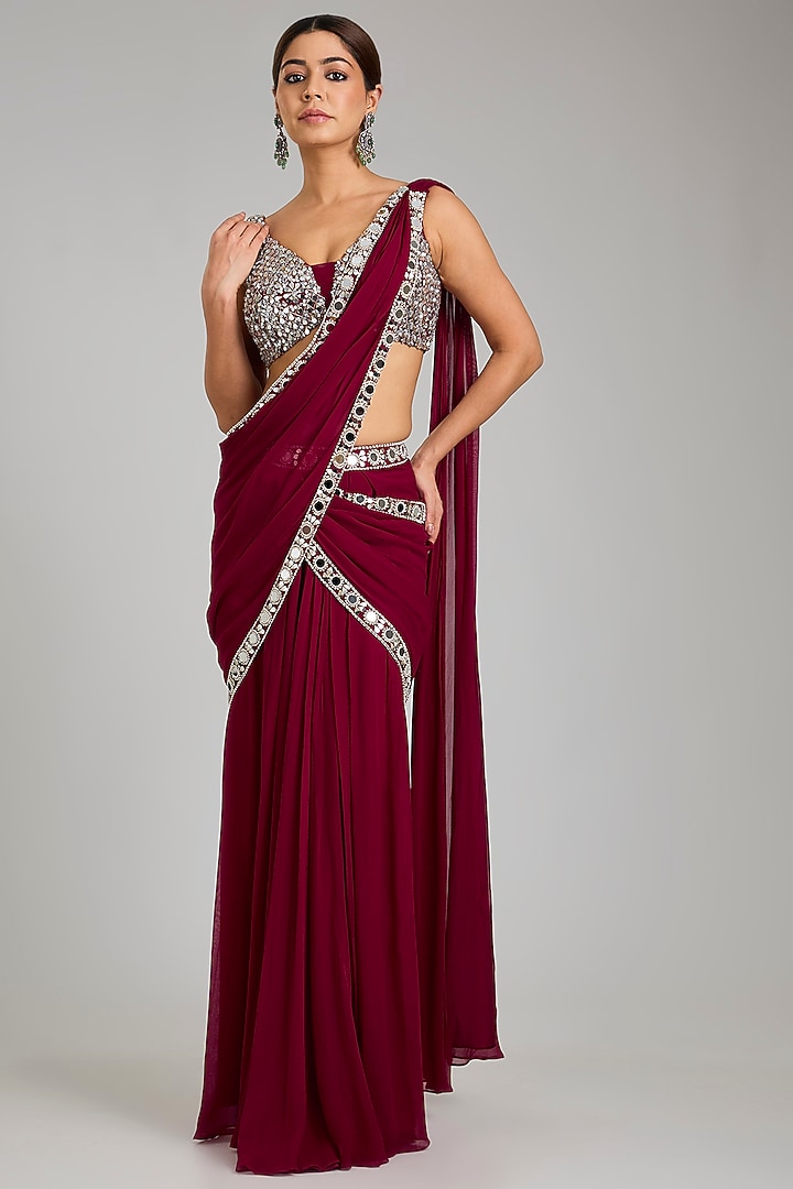Berry Pink Georgette Embellished Draped Wedding Saree Set by Seema Thukral at Pernia's Pop Up Shop