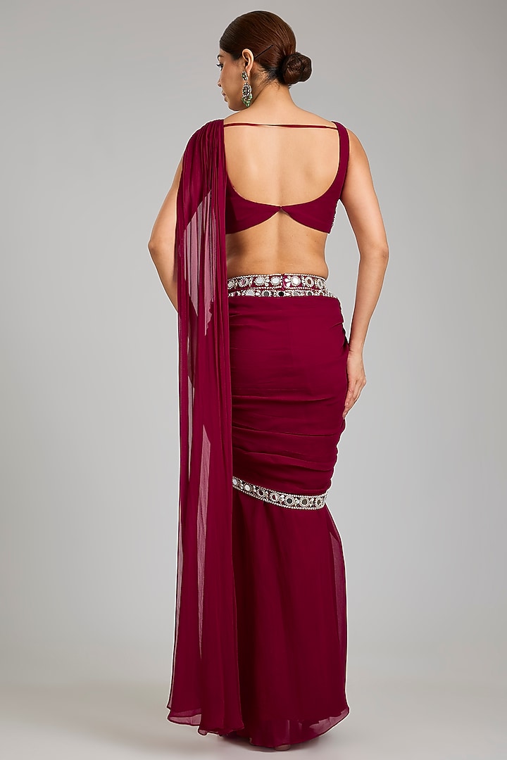 Berry Pink Georgette Embellished Draped Wedding Saree Set by Seema Thukral at Pernia's Pop Up Shop