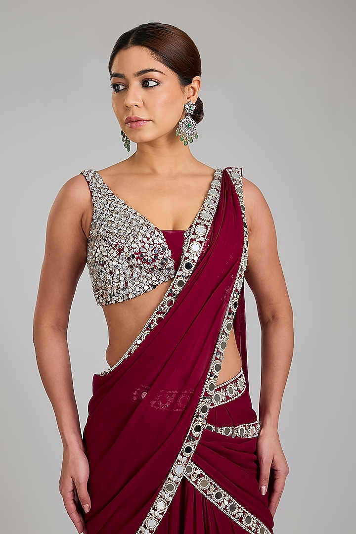 Berry Pink Georgette Embellished Draped Wedding Saree Set by Seema Thukral at Pernia's Pop Up Shop