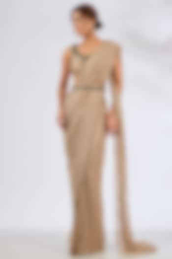 Light Gold Tissue Embellished Pre-Stitched Wedding Saree Set by Seema Thukral at Pernia's Pop Up Shop