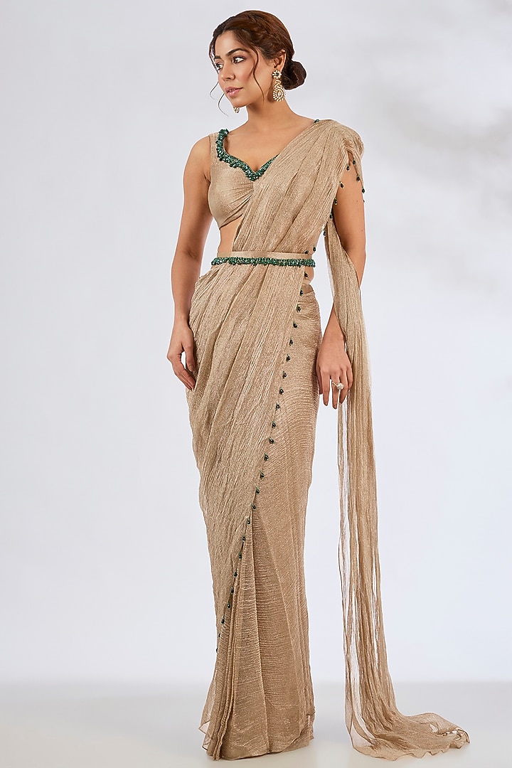Light Gold Tissue Embellished Pre-Stitched Wedding Saree Set by Seema Thukral at Pernia's Pop Up Shop