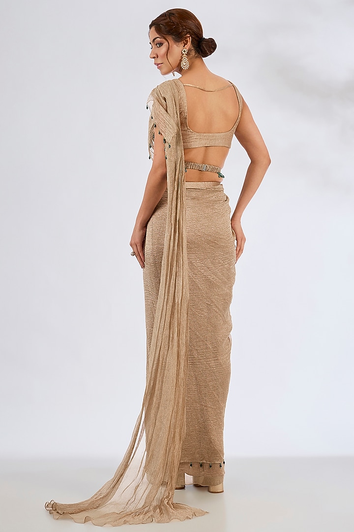 Light Gold Tissue Embellished Pre-Stitched Wedding Saree Set by Seema Thukral at Pernia's Pop Up Shop