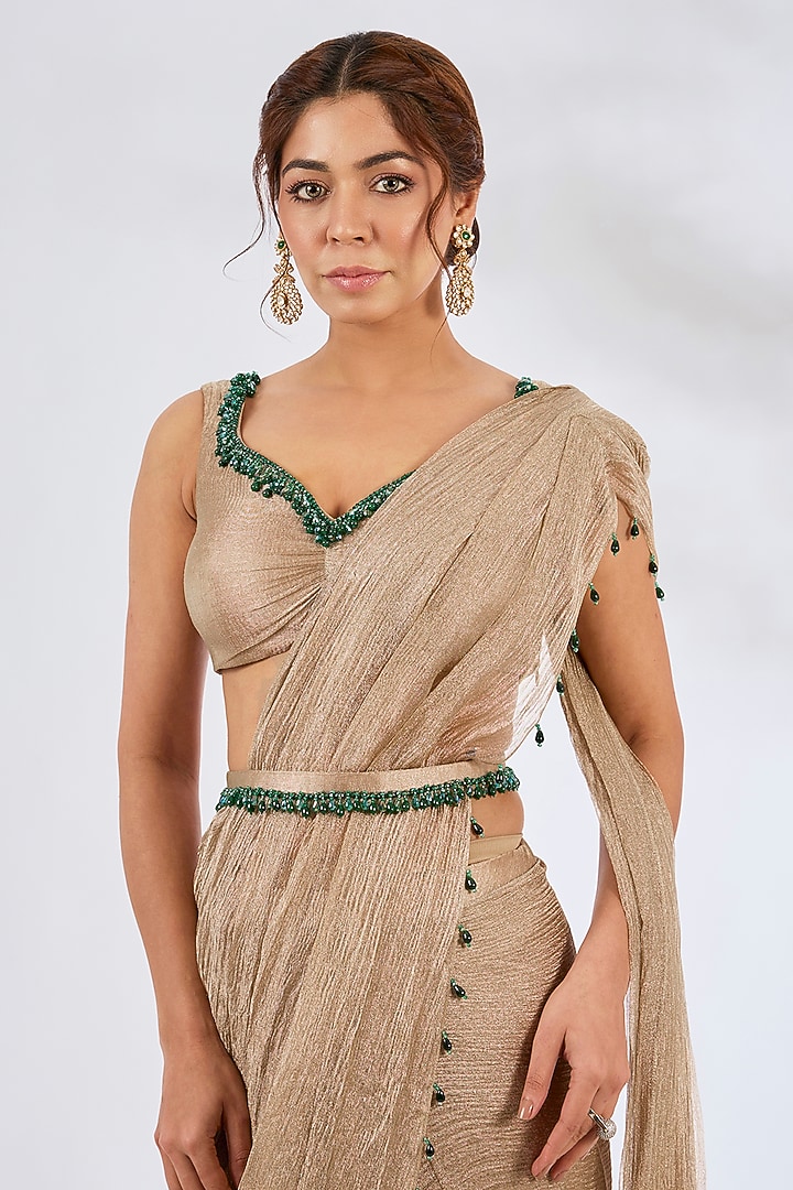 Light Gold Tissue Embellished Pre-Stitched Wedding Saree Set by Seema Thukral at Pernia's Pop Up Shop