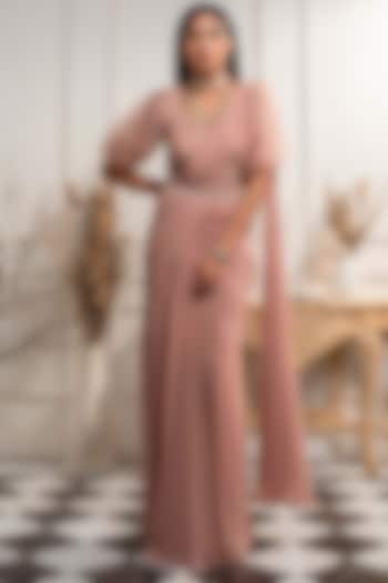 Blush Pink Embroidered Draped Saree Gown With Belt by Seema Thukral