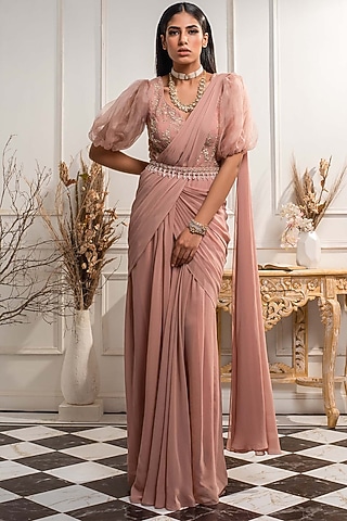 Blush Pink Embroidered Draped Saree Gown With Belt by Seema Thukral